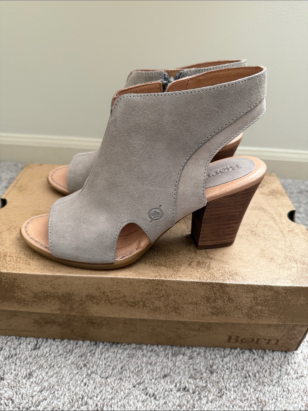 Born Women's Light Taupe Suede Peep-Toe Block Heel Sandals